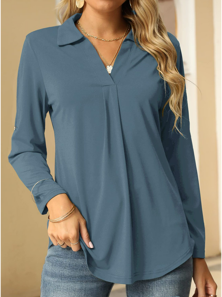 Fashion Long Sleeve Shirt Collar Plain Loose Regular Blouse