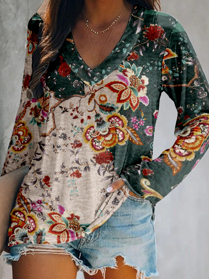 Vintage V Neck Long Sleeve Floral Loose Regular T-Shirt
