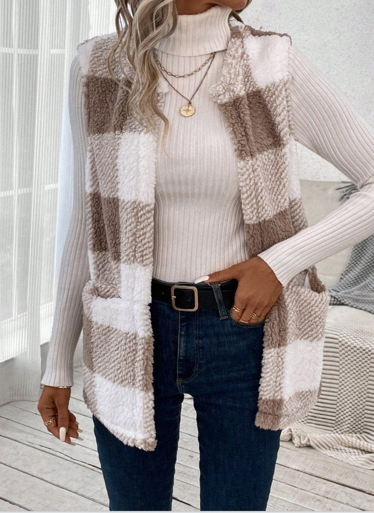 Loose Shawl Collar Sleeveless Plaid Fashion Regular Vest