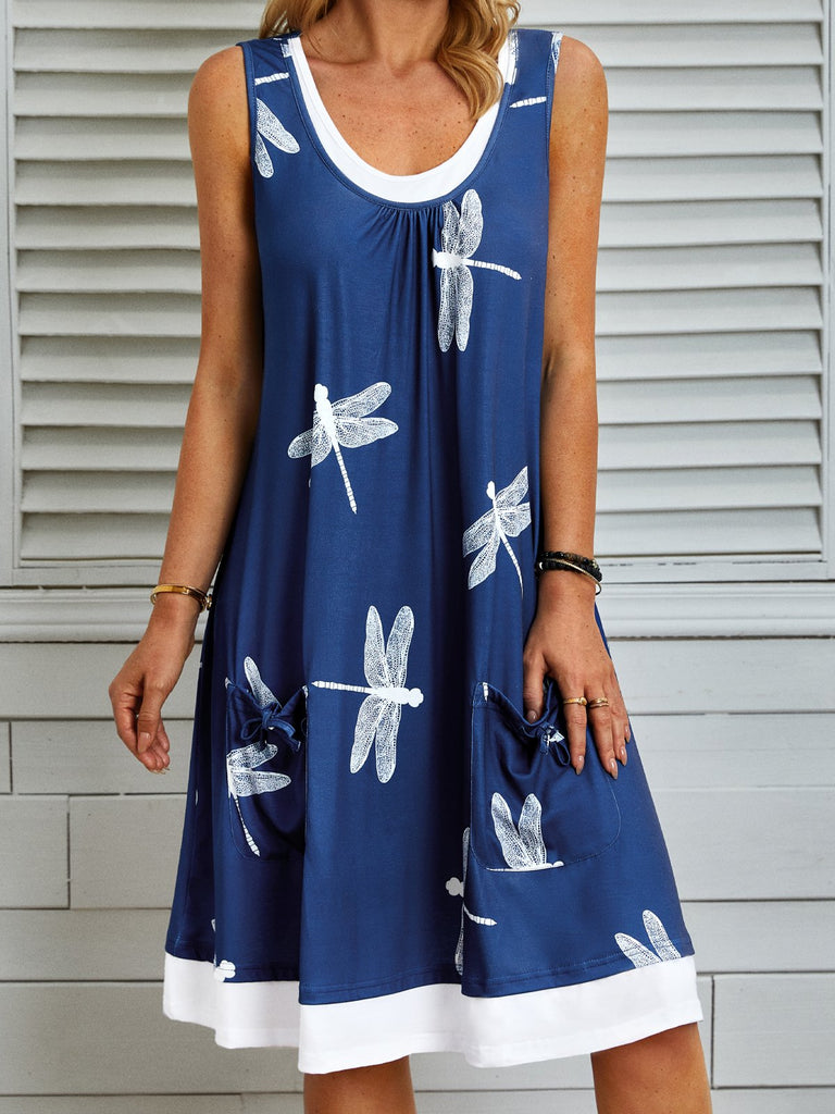 Fashion Sleeveless Crew Neck Dragonfly Knee Length Short Dress