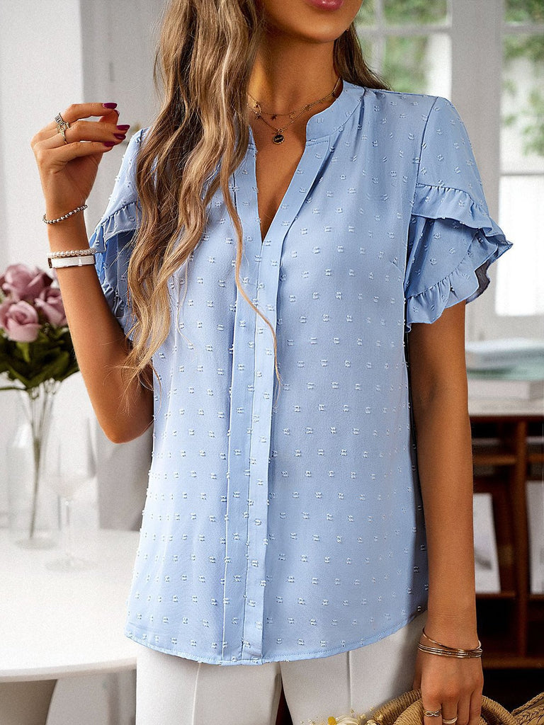 Loose V Neck Short Sleeve Plain Fashion Regular Blouse