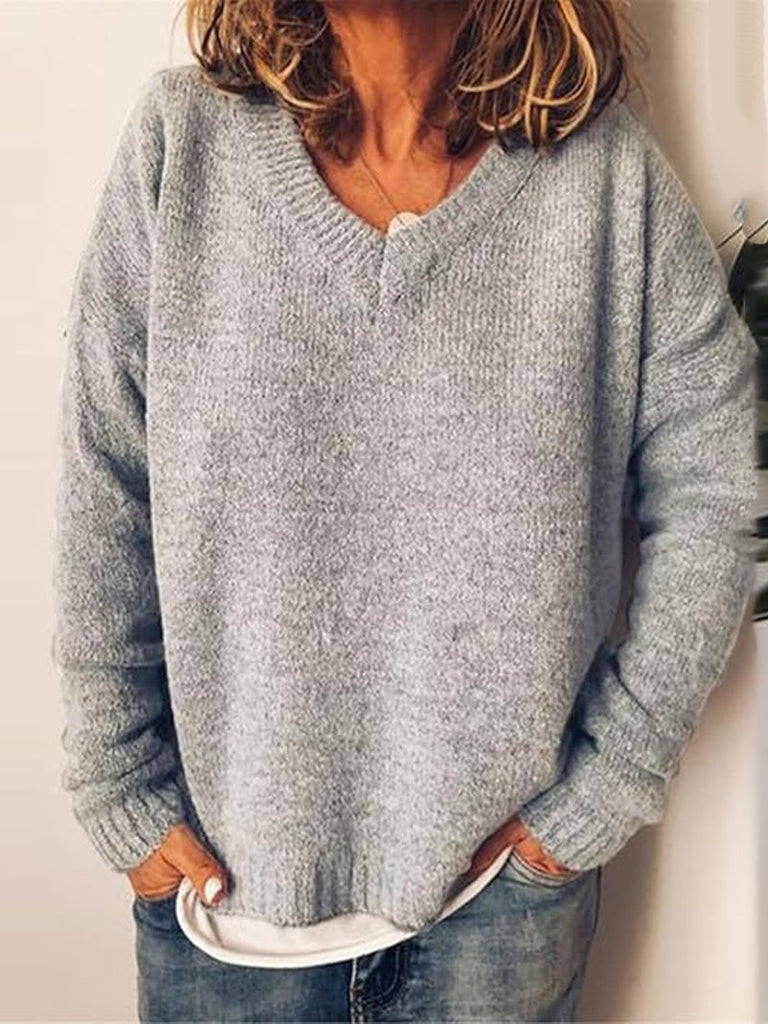 Loose V Neck Long Sleeve Plain Fashion Regular Sweater