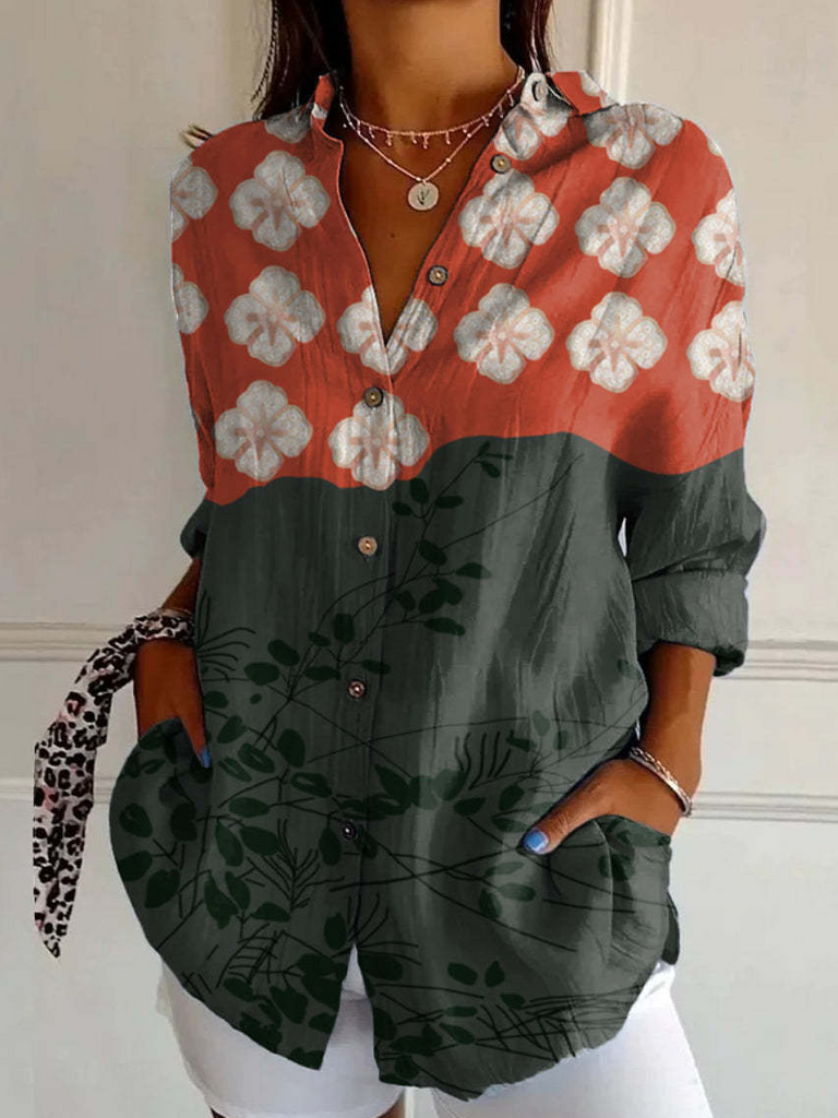 Loose Long Sleeve Shirt Collar Striped Floral Fashion Regular Shirt