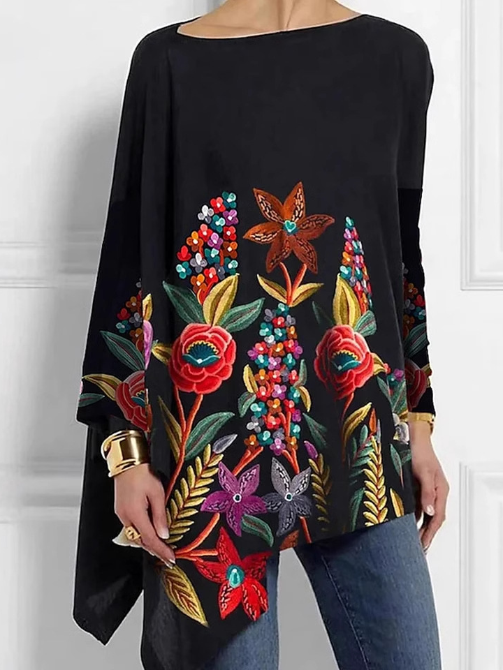 Fashion Crew Neck Long Sleeve Floral Loose Mid-Long Blouses