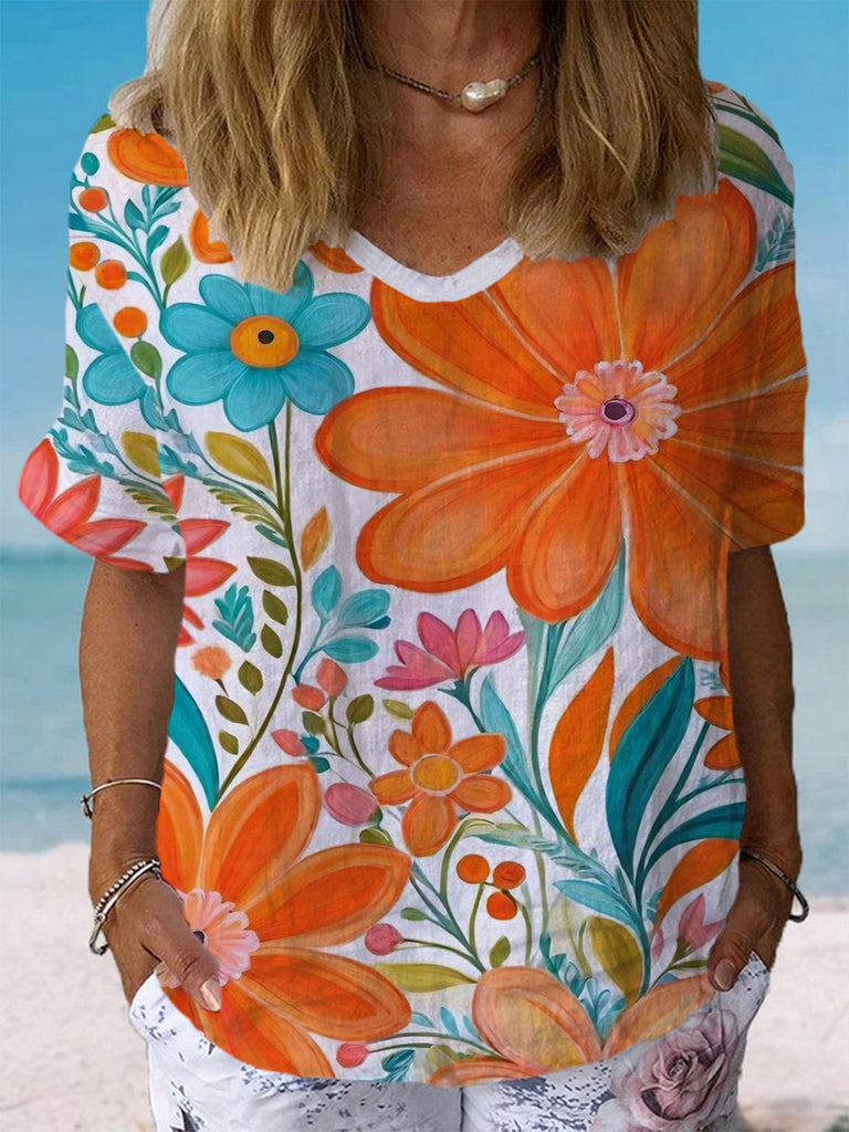 Fashion Short Sleeve Crew Neck Floral Loose Regular Blouse