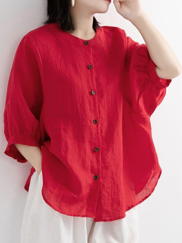 Loose 3/4 Sleeve Crew Neck Plain Fashion Regular Shirt