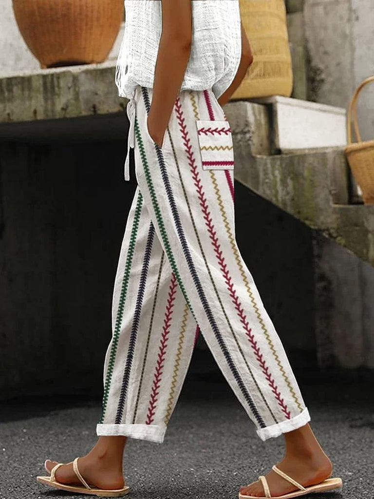 Fashion Striped Pocket Stitching Loose Long Pants