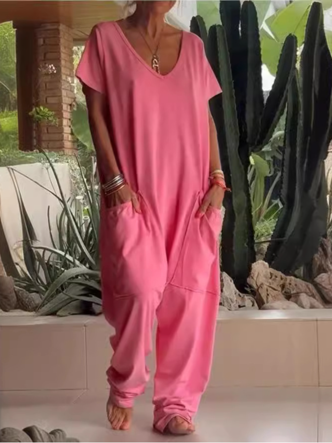 V Neck Short Sleeve Plain Fashion Long Jumpsuit