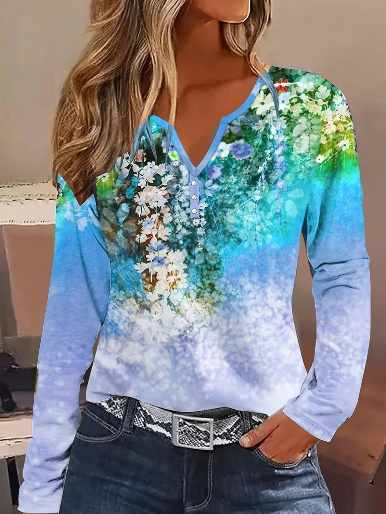 Fashion V Neck Long Sleeve Floral Loose Regular Blouse