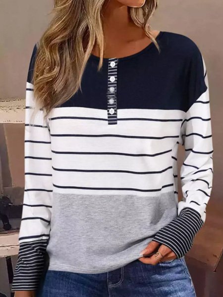 Fashion Crew Neck Long Sleeve Striped Loose Regular Blouse