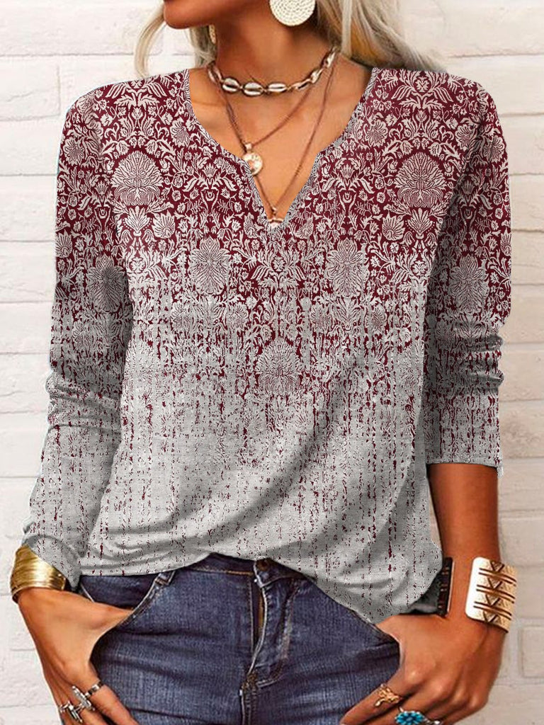 Fashion Long Sleeve Notched Ethnic Casual Regular T-Shirt