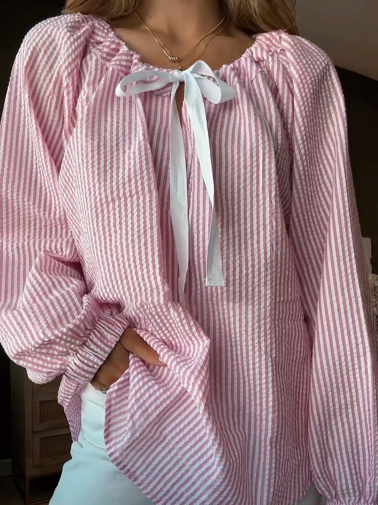 Loose Crew Neck Long Sleeve Striped Fashion Regular Blouse