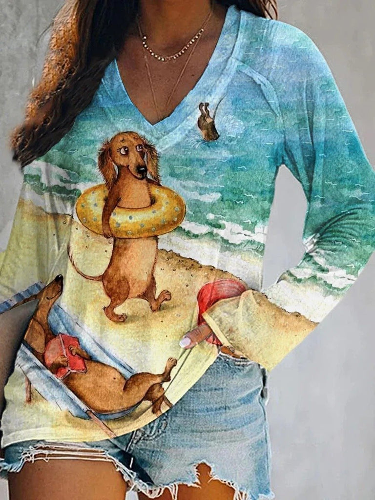 Casual V Neck Long Sleeve Dog Fashion Regular T-Shirt