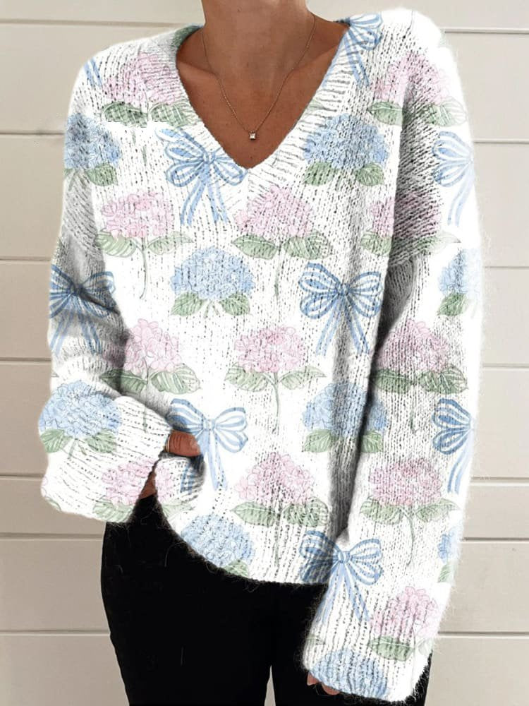 Fashion V Neck Long Sleeve Floral Printing Loose Regular Blouse