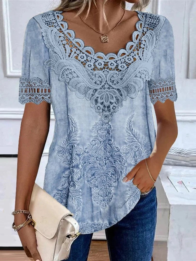 Loose Short Sleeve Crew Neck Ethnic Fashion Regular Blouse