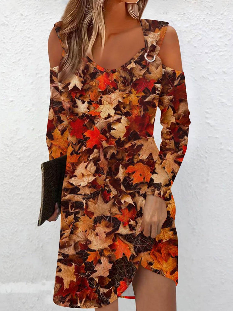 Fashion Long Sleeve Cold Shoulder Maple Leaf Loose Short Dress