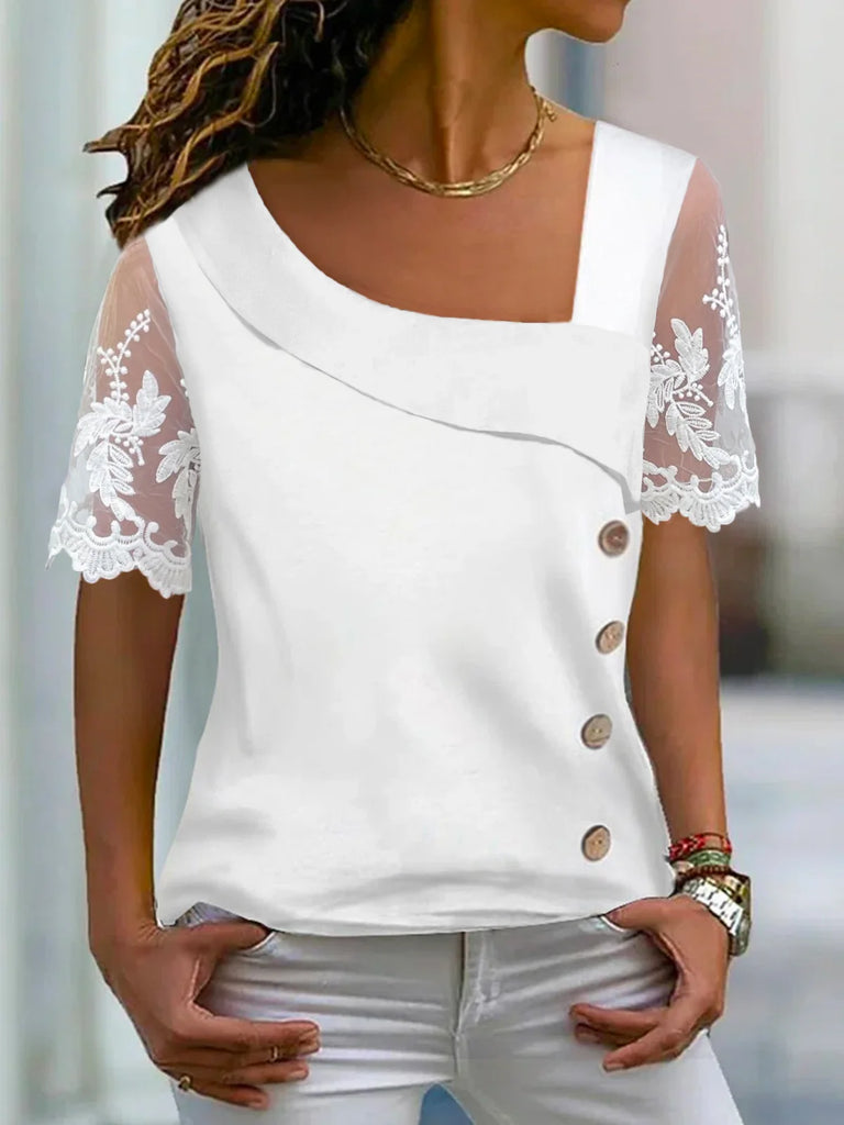 Fashion Short Sleeve Asymmetrical Plain Loose Regular Blouse