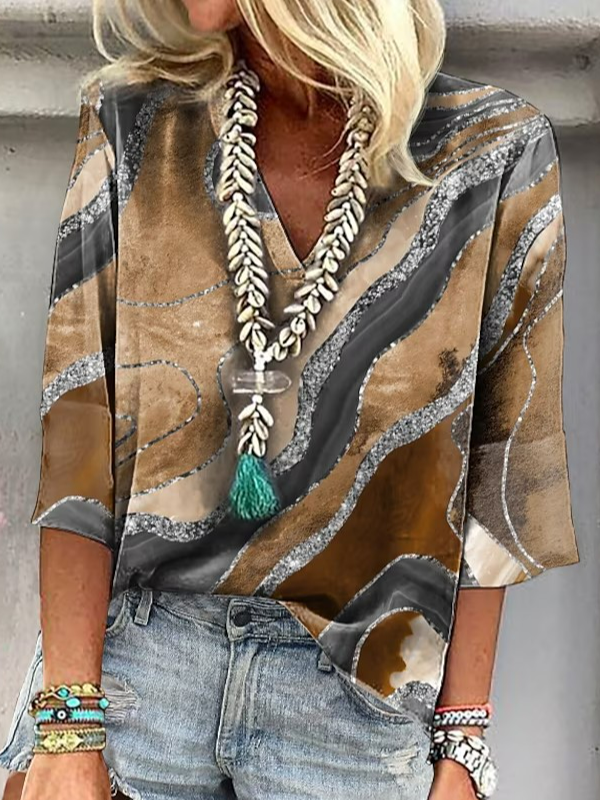 Fashion 3/4 Sleeve V Neck Ombre Loose Regular Blouse