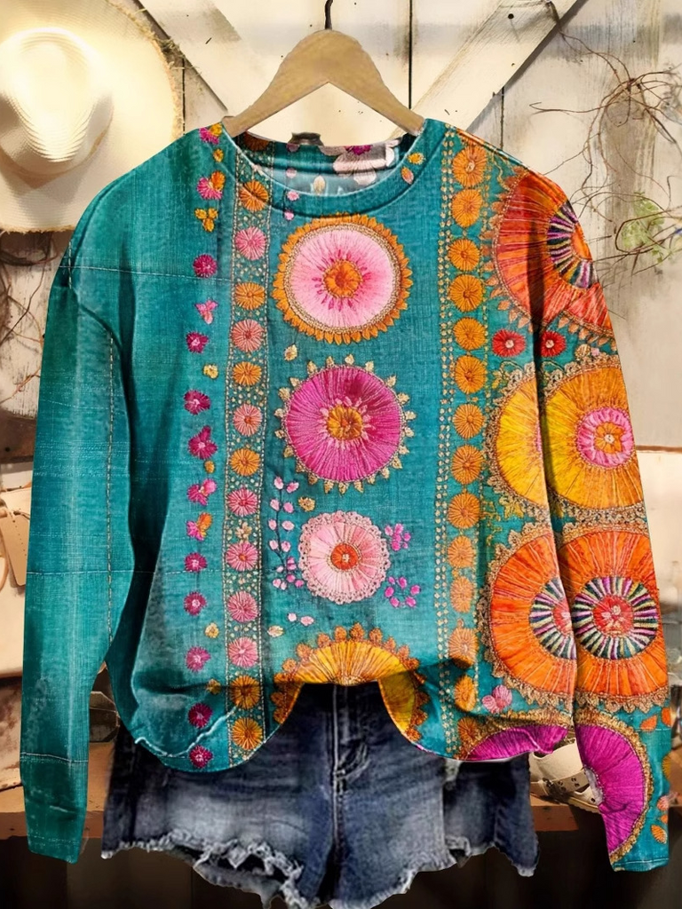 Fashion Crew Neck Long Sleeve Floral Casual Regular Sweatshirt