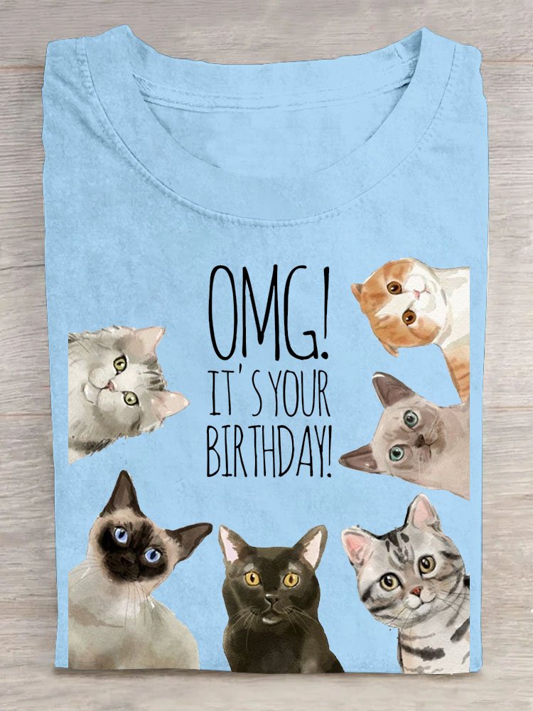Fashion Short Sleeve Crew Neck Cat Loose Regular T-Shirt
