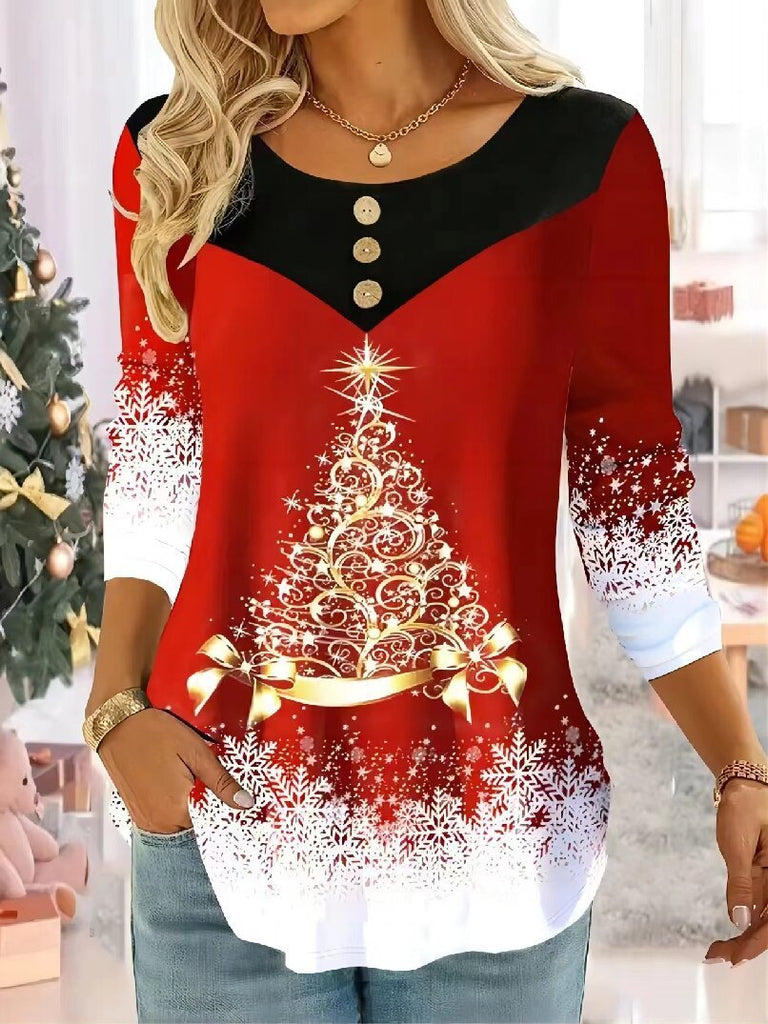 Fashion Crew Neck Long Sleeve Christmas Loose Regular Blouses