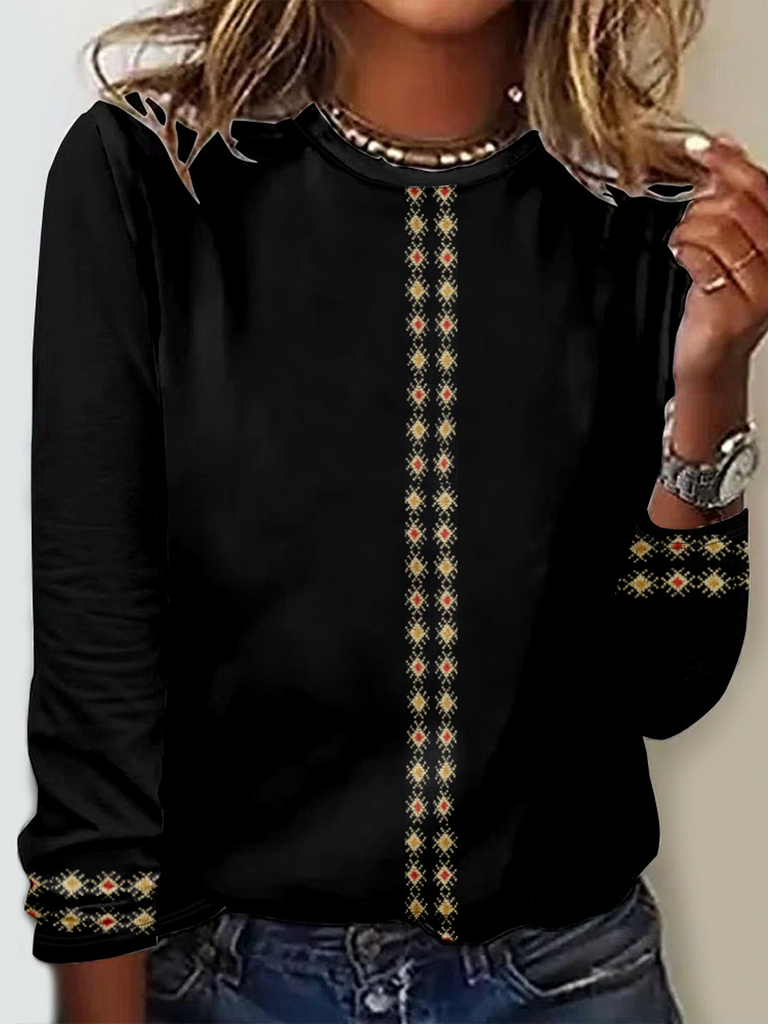 Vintage Crew Neck Long Sleeve Ethnic Geometry Loose Regular T-Shirt