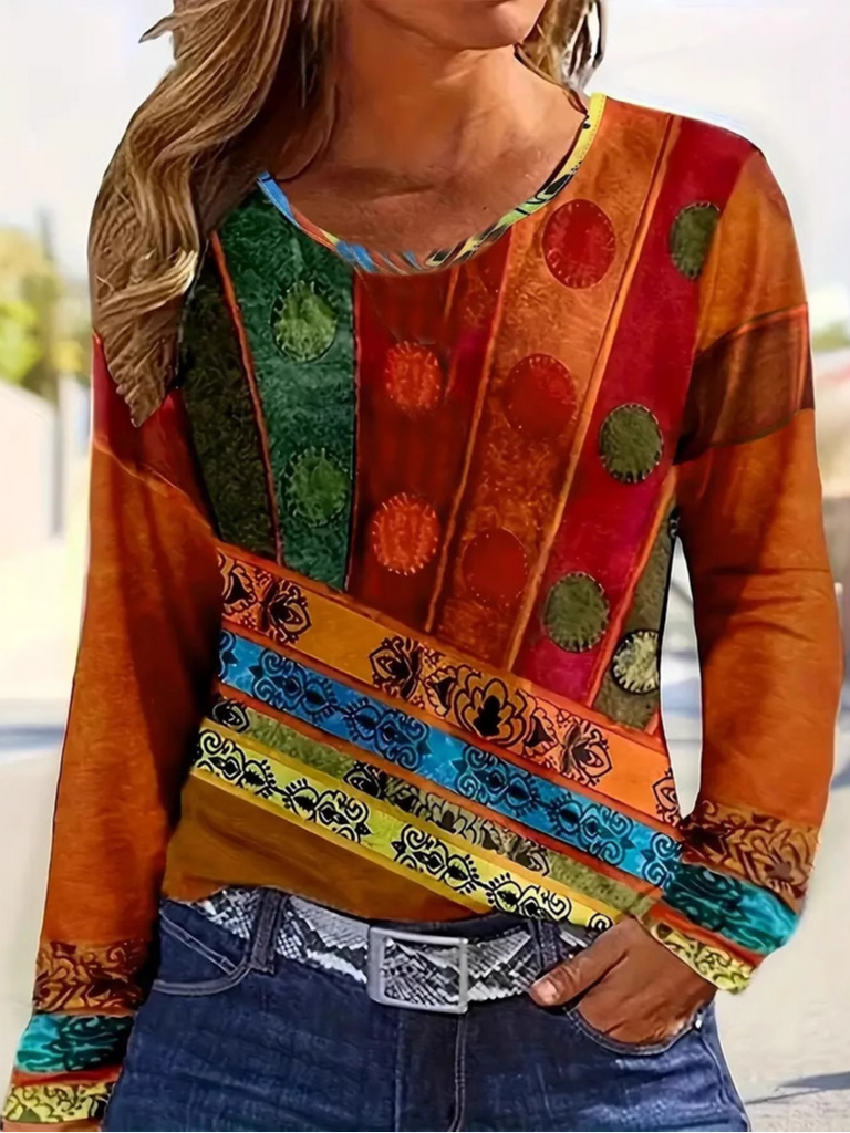 Fashion Crew Neck Long Sleeve Ethnic Floral Casual Regular T-Shirt