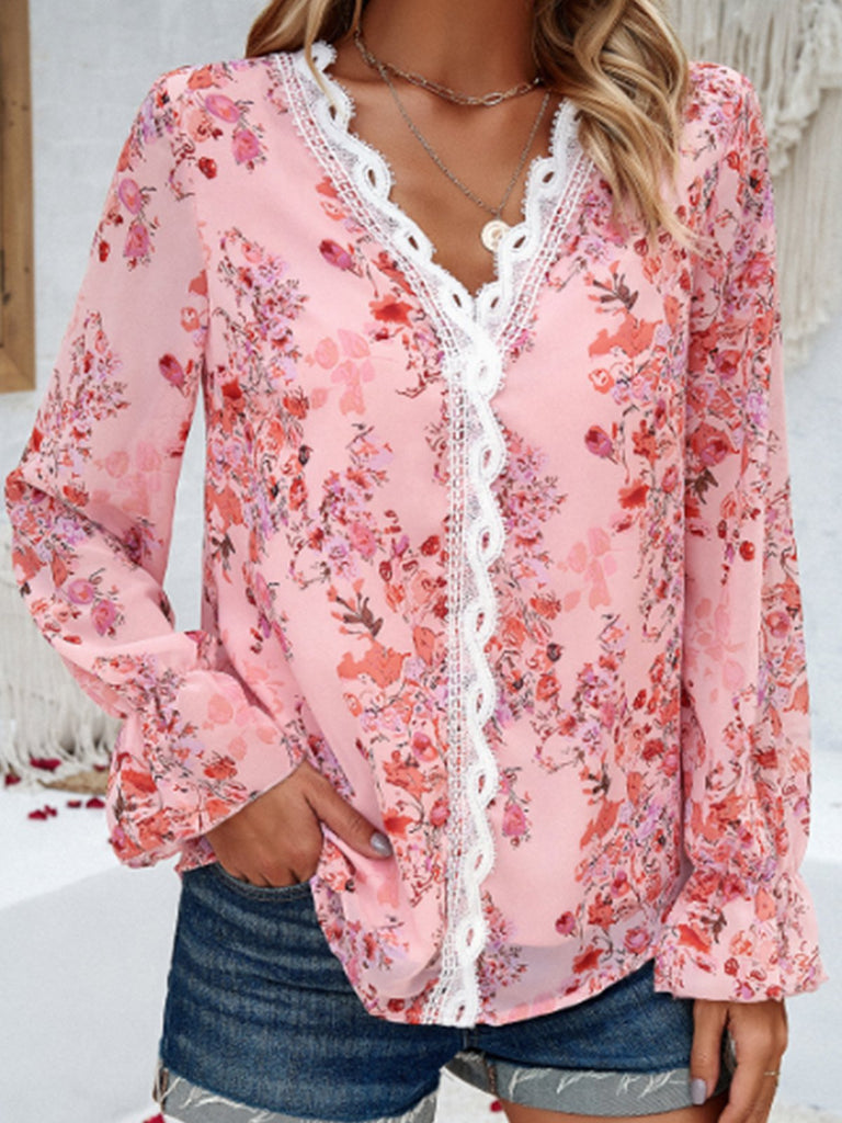 V Neck Long Sleeve Floral Fashion Regular Blouse