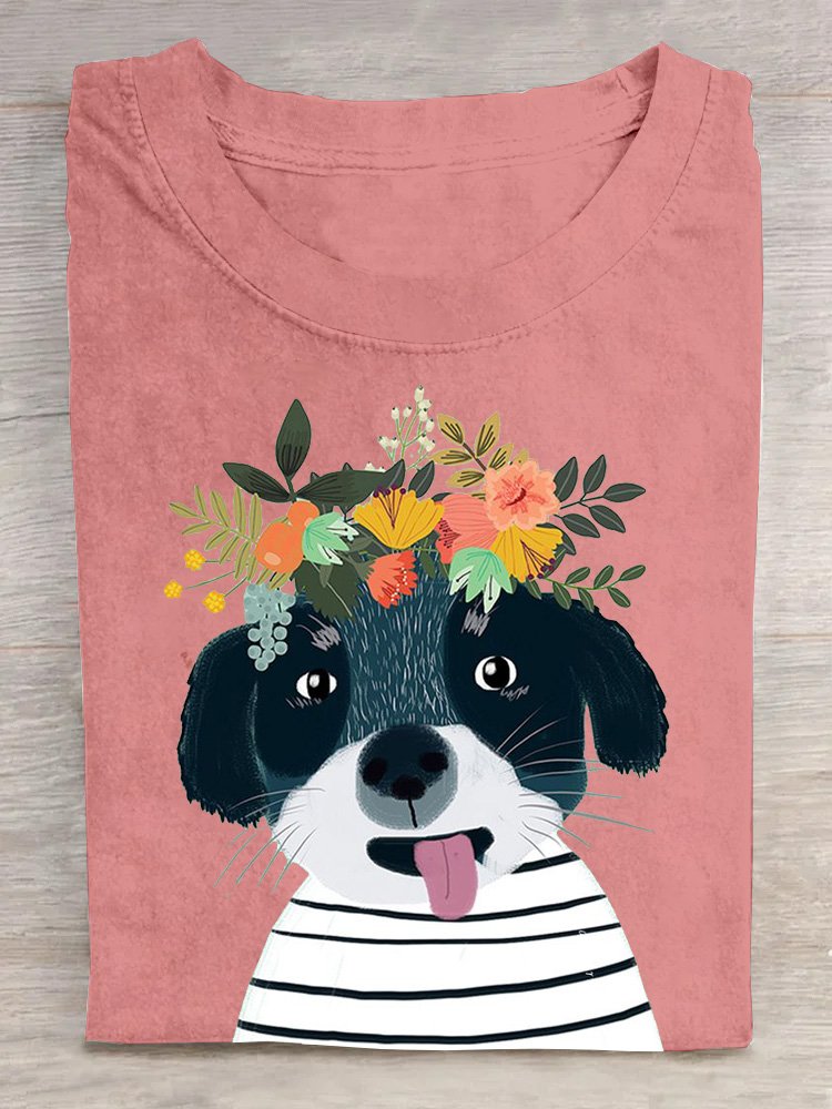 Fashion Short Sleeve Crew Neck Dog Floral Casual Regular T-Shirt