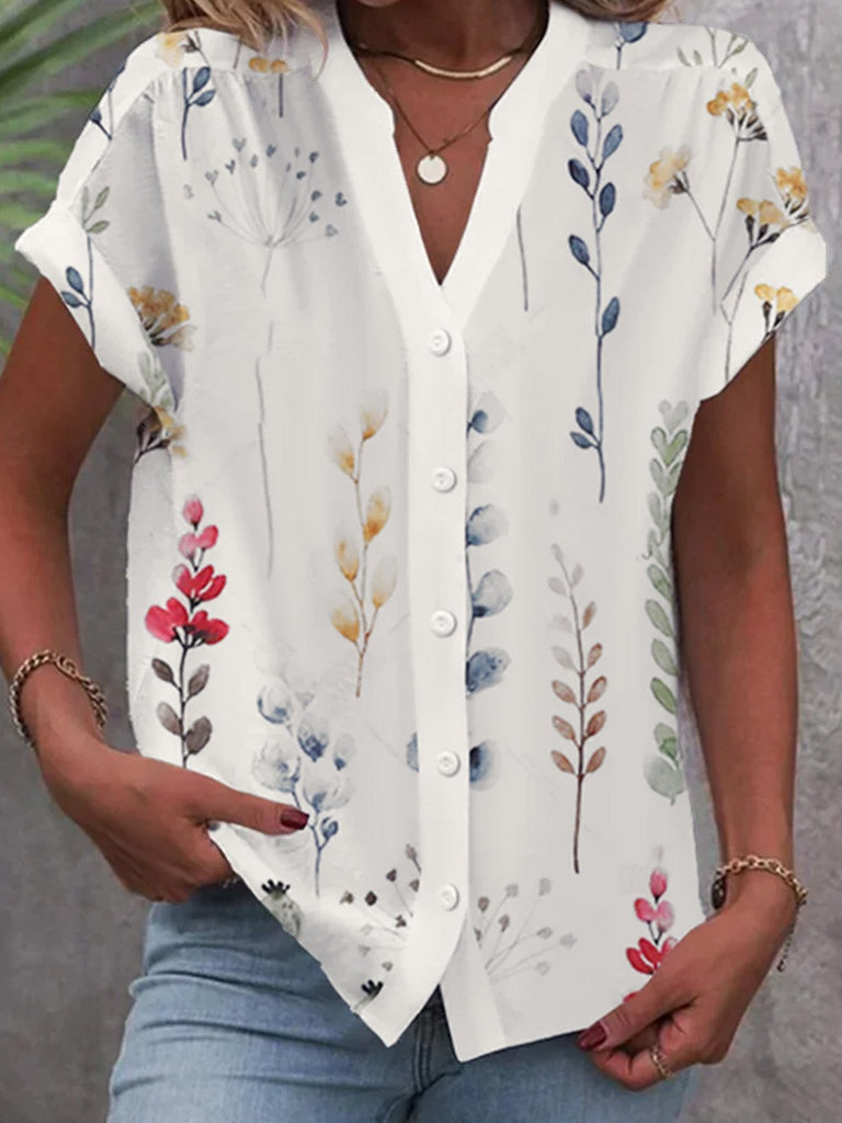 Fashion V Neck Short Sleeve Floral Loose Regular Blouse