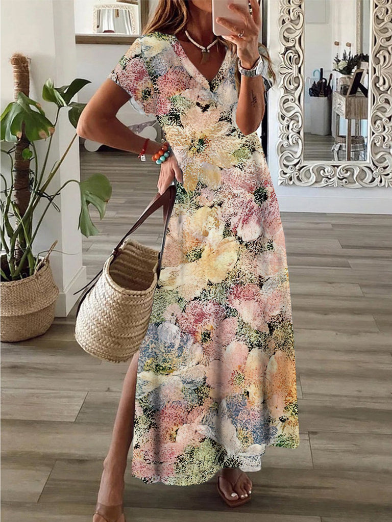 Fashion V Neck Short Sleeve Floral Loose Maxi Dress