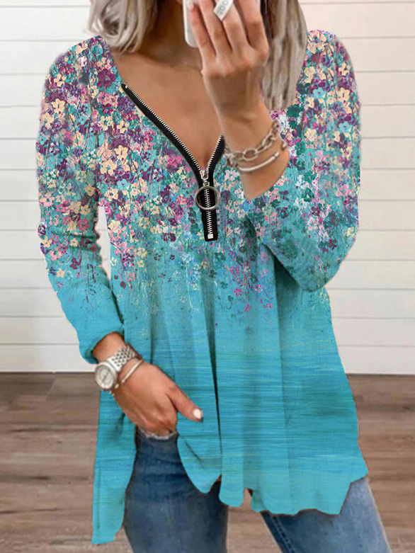 Fashion V Neck Long Sleeve Floral Zipper Loose Mid-Long Blouse