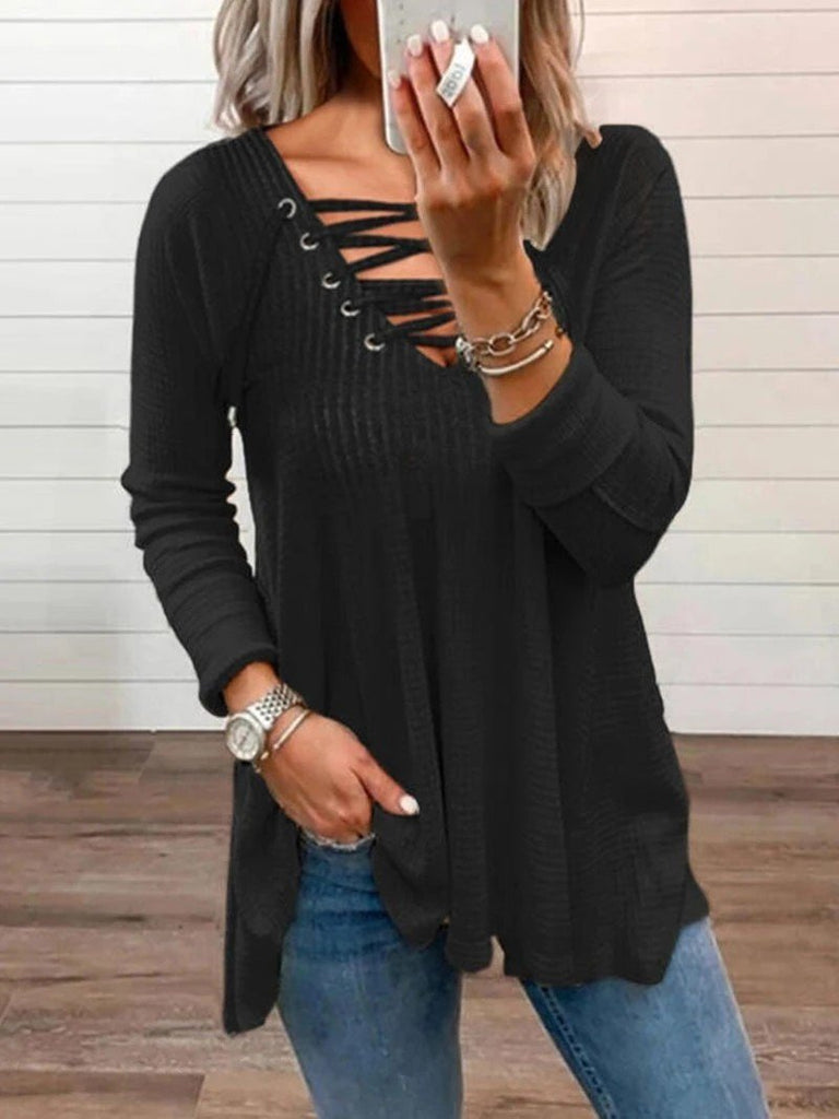 Fashion Long Sleeve Cross Neck Plain Loose Regular Blouse