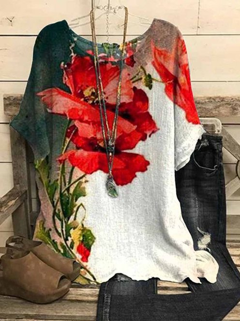 Casual Half Sleeve Crew Neck Floral Pattern Fashion Regular T-Shirt