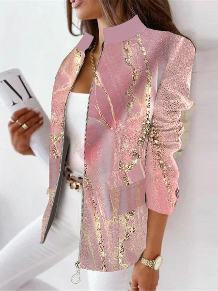 Loose Stand Collar Long Sleeve Abstract Graphic Zipper Fashion Mid-Long Jacket