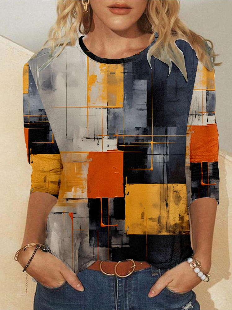 Casual Crew Neck Long Sleeve Geometric Fashion Regular T-Shirt