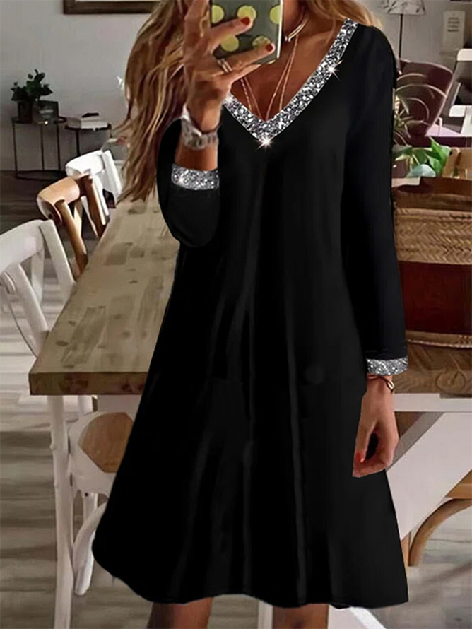 Plus Size Fashion V Neck Long Sleeve Plain Short Dress
