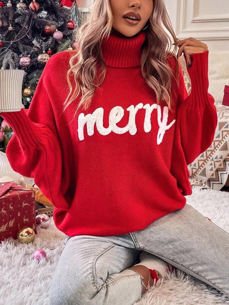 Loose Long Sleeve Turtleneck Text Letters Fashion Regular Sweater