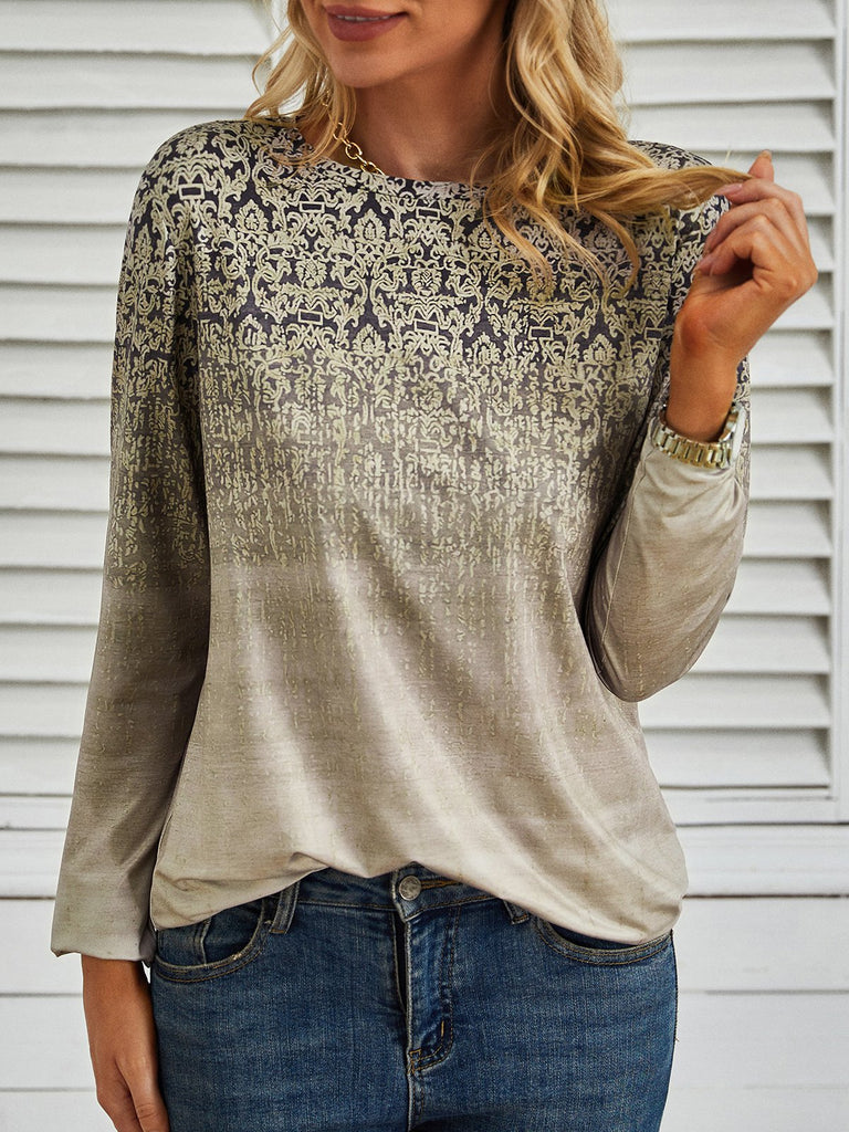 Fashion Crew Neck Long Sleeve Abstract Loose Regular T-Shirt