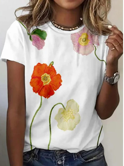 Casual Short Sleeve Crew Neck Floral Fashion Regular T-Shirt