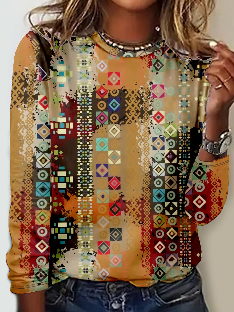 Casual Crew Neck Long Sleeve Ethnic Fashion Regular T-Shirt