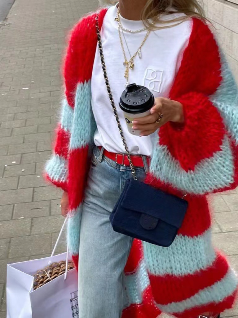 Fashion Long Sleeve Color Block Loose Mid-Long Sweater