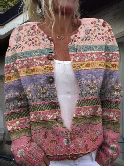 Loose Crew Neck Long Sleeve Floral Fashion Regular Jacket