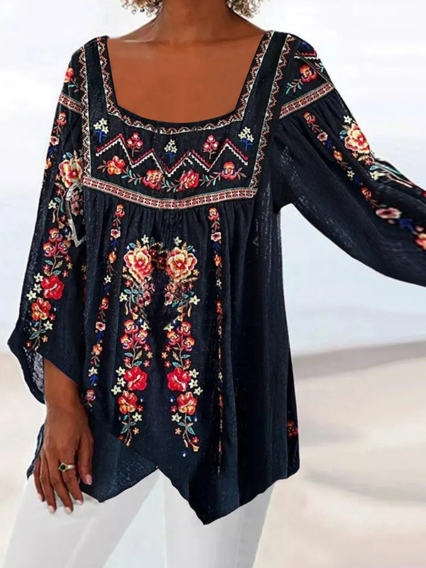 Fashion Long Sleeve Square Neck Floral Loose Regular Blouse