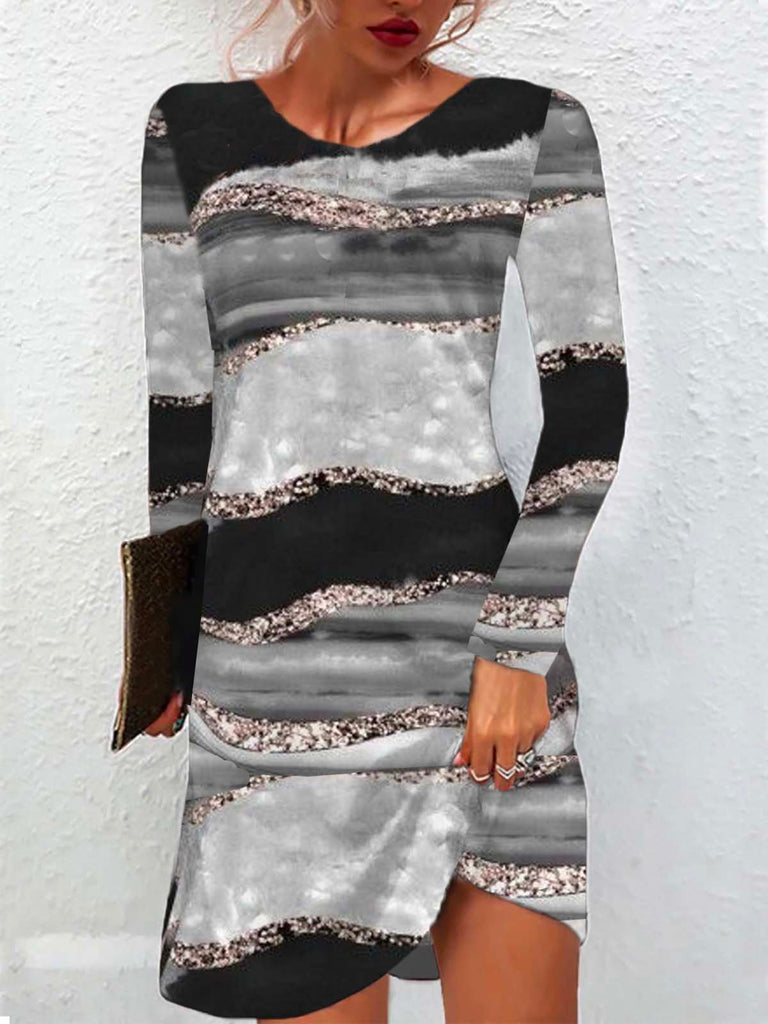 Fashion Crew Neck Long Sleeve Abstract Loose Mini Dress