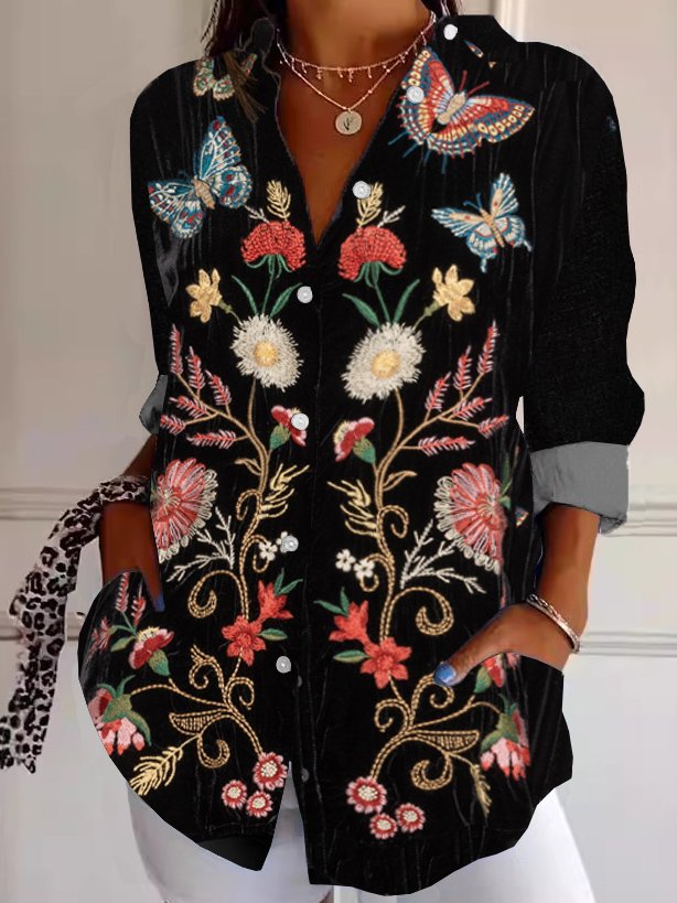 Vintage Long Sleeve Shirt Collar Ethnic Loose Regular Shirt