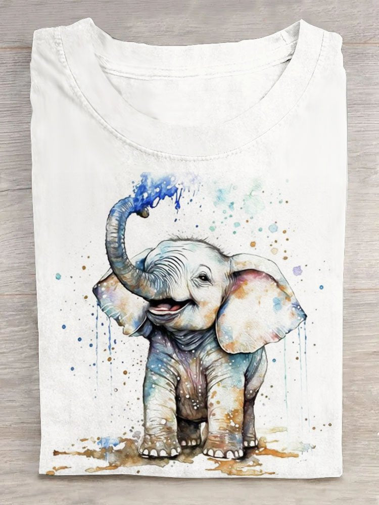 Casual Short Sleeve Crew Neck Elephant Fashion Regular T-Shirt