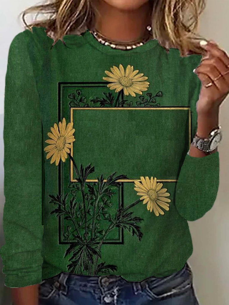Fashion Crew Neck Long Sleeve Floral Casual Regular T-Shirt