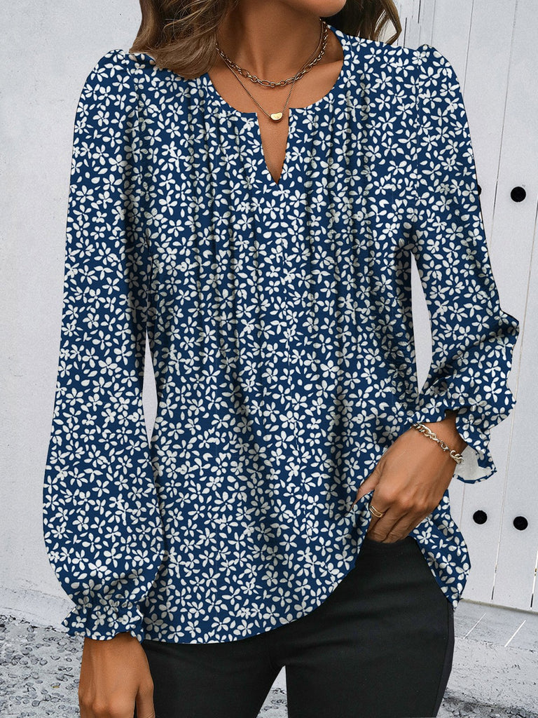 Fashion Long Sleeve Notched Floral Loose Regular Blouse