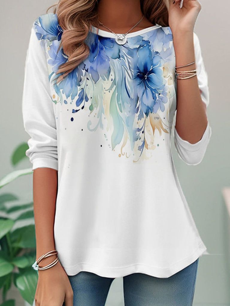 Casual Crew Neck Long Sleeve Floral Fashion Regular T-Shirt